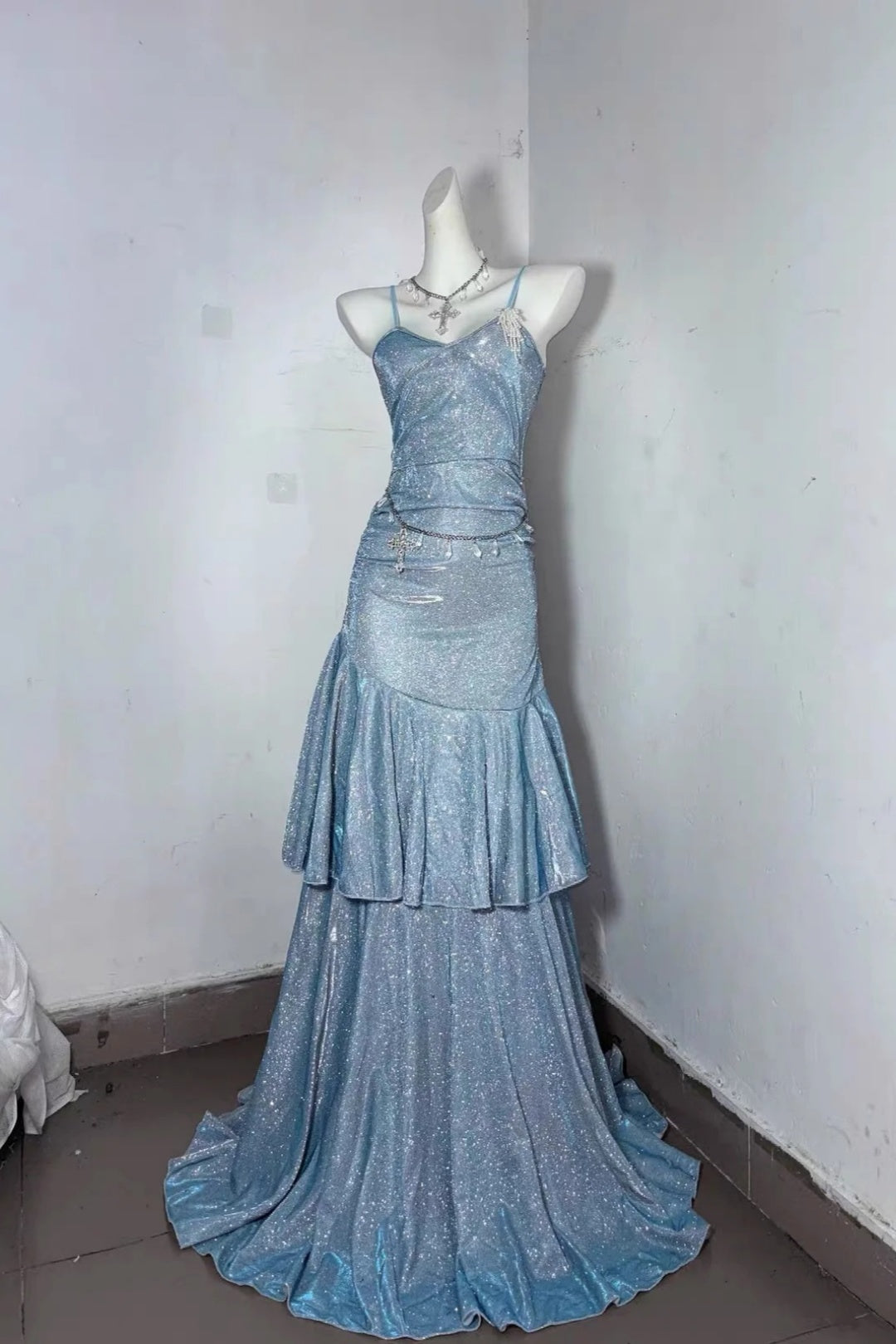 Light Blue Glitter Spaghetti Strap Tiered Mermaid Long Prom Dress F0282