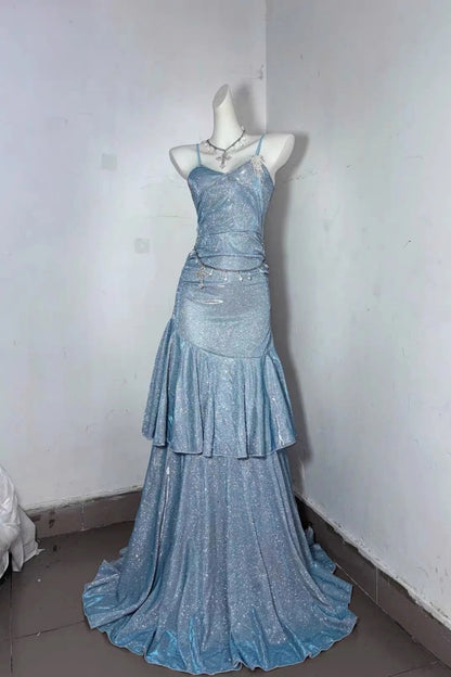 Light Blue Glitter Spaghetti Strap Tiered Mermaid Long Prom Dress F0282