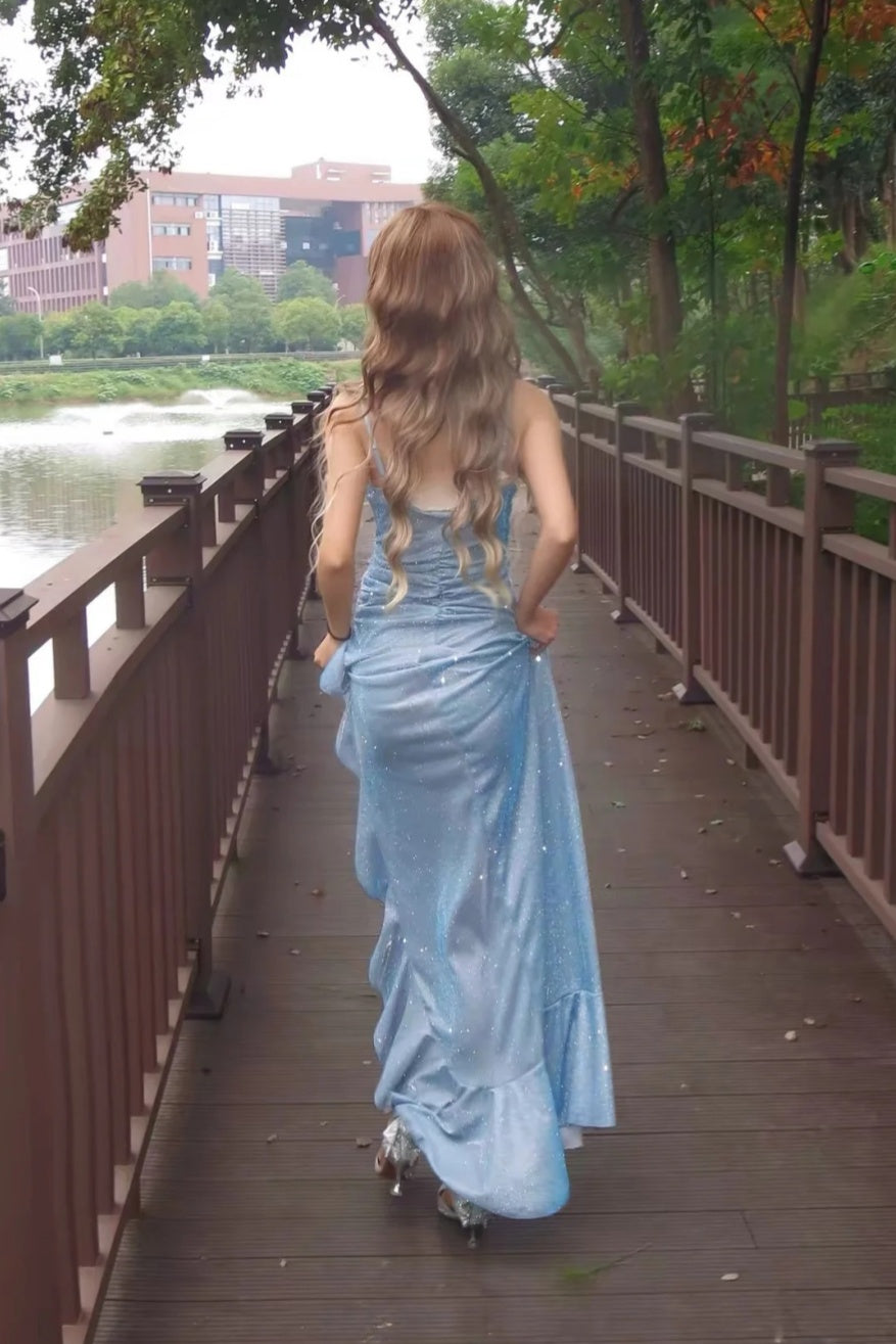 Light Blue Glitter Spaghetti Strap Mermaid Long Prom Dress F0281