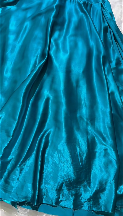 Teal Satin Halter A Line Evening Dress F0398
