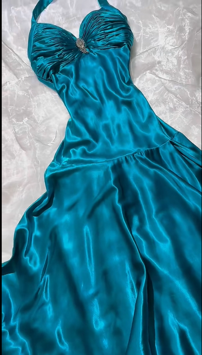 Teal Satin Halter A Line Evening Dress F0398