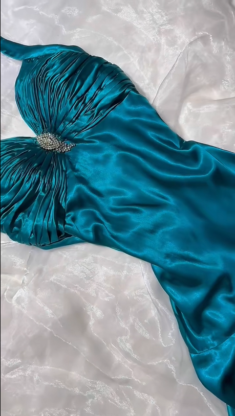 Teal Satin Halter A Line Evening Dress F0398