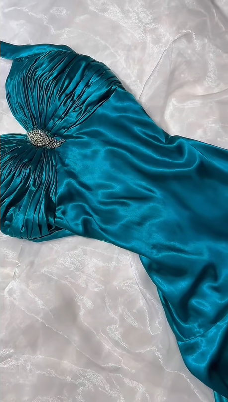 Teal Satin Halter A Line Evening Dress F0398