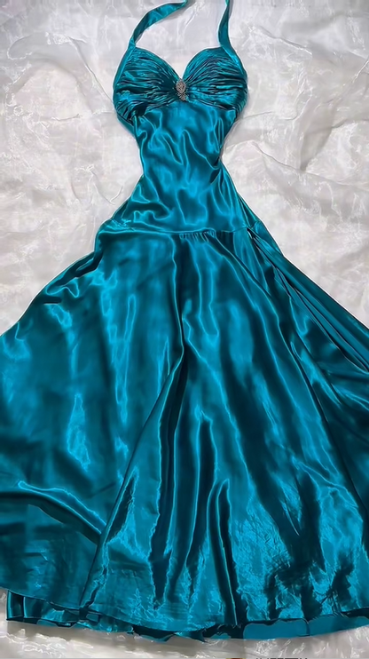 Teal Satin Halter A Line Evening Dress F0398