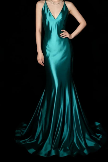 Teal Satin Mermaid Long Dress Crisscross Back V Neck F0366