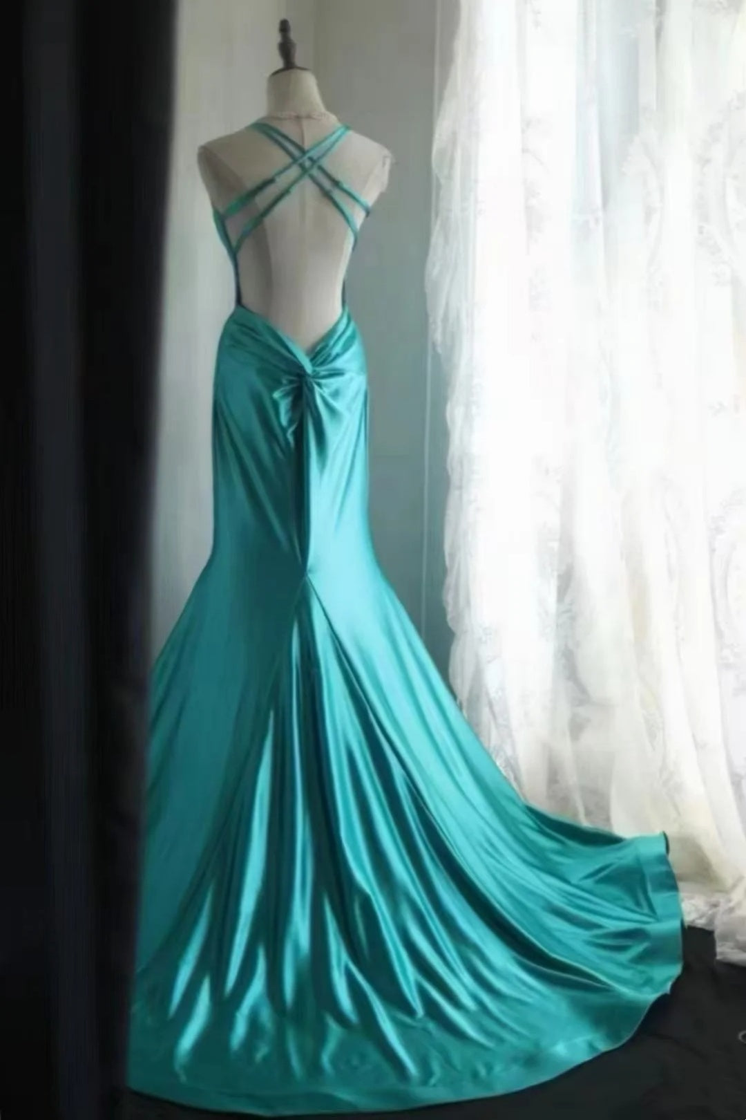 Teal Satin Mermaid Long Dress Crisscross Back V Neck F0366