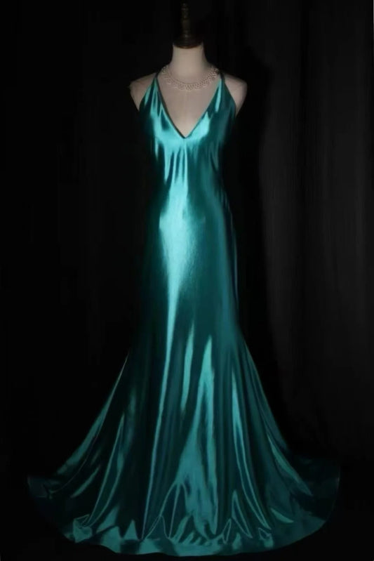 Teal Satin Mermaid Long Dress Crisscross Back V Neck F0366