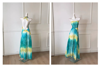 Tie Dye Halter Backless Vacation Beach Maxi Dress F0490