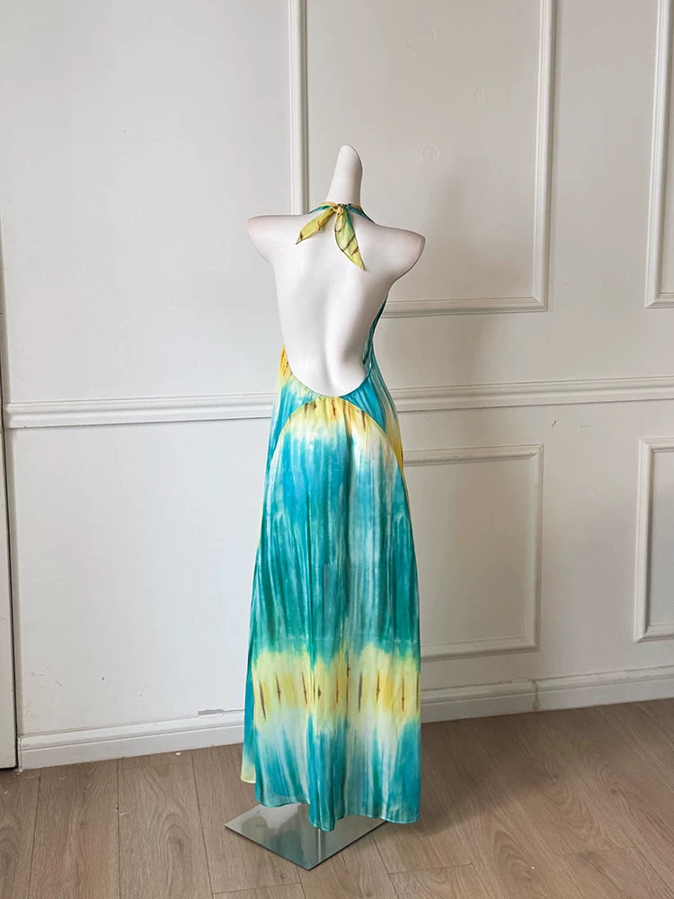 Tie Dye Halter Backless Vacation Beach Maxi Dress F0490