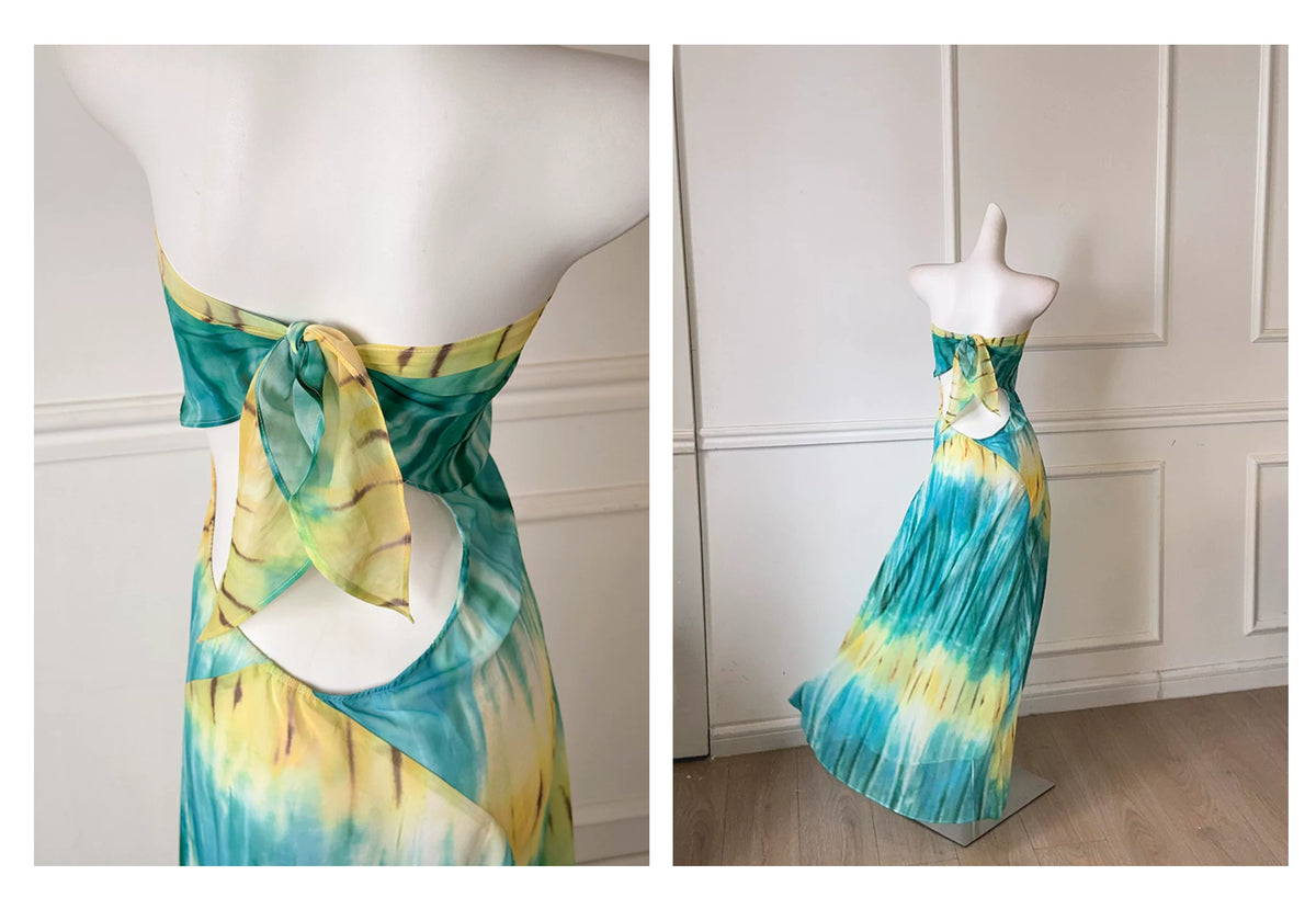 Tie Dye Halter Backless Vacation Beach Maxi Dress F0490