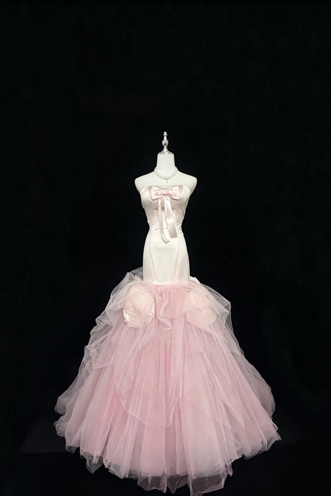 Pink‑White Ombre Strapless Mermaid  Dress, Satin Bow Tulle Gown With 3D Floral Details F0047