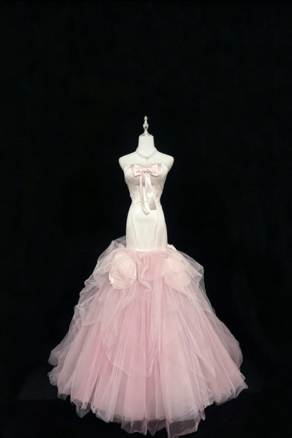 Pink‑White Ombre Strapless Mermaid  Dress, Satin Bow Tulle Gown With 3D Floral Details F0047