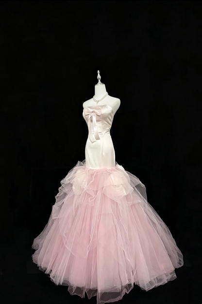 Pink‑White Ombre Strapless Mermaid  Dress, Satin Bow Tulle Gown With 3D Floral Details F0047