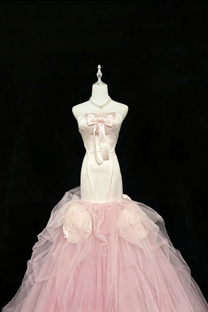 Pink‑White Ombre Strapless Mermaid  Dress, Satin Bow Tulle Gown With 3D Floral Details F0047