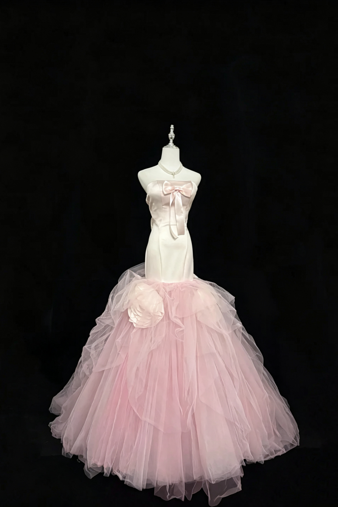 Pink‑White Ombre Strapless Mermaid  Dress, Satin Bow Tulle Gown With 3D Floral Details F0047