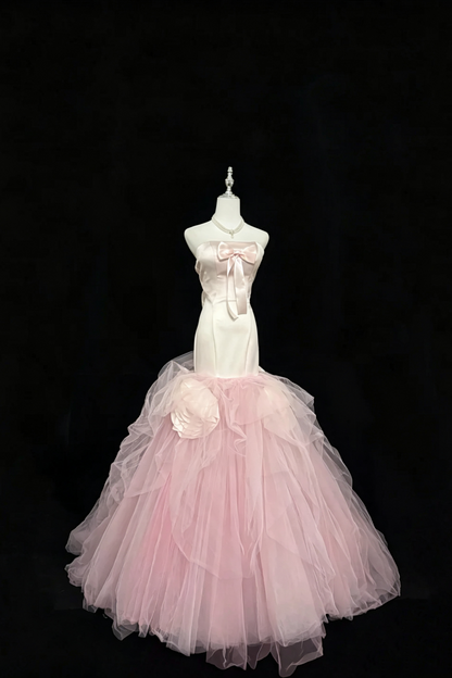 Pink‑White Ombre Strapless Mermaid  Dress, Satin Bow Tulle Gown With 3D Floral Details F0047