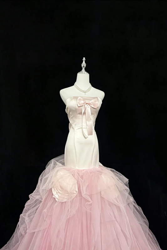 Pink‑White Ombre Strapless Mermaid  Dress, Satin Bow Tulle Gown With 3D Floral Details F0047