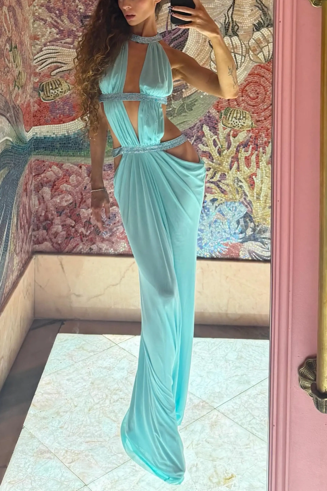 Turquoise Cutout Halter Maxi Dress Rhinestone Mesh Party Gown L046
