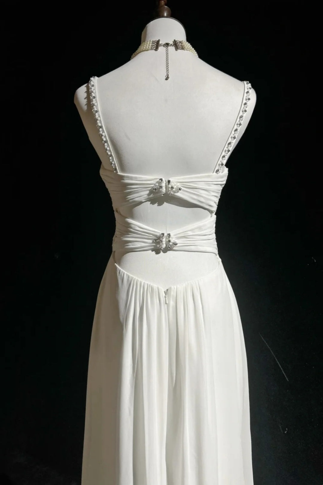 V-Neck Chiffon Wedding Gown Beaded Spaghetti Strap Cutout Back Dress F0382