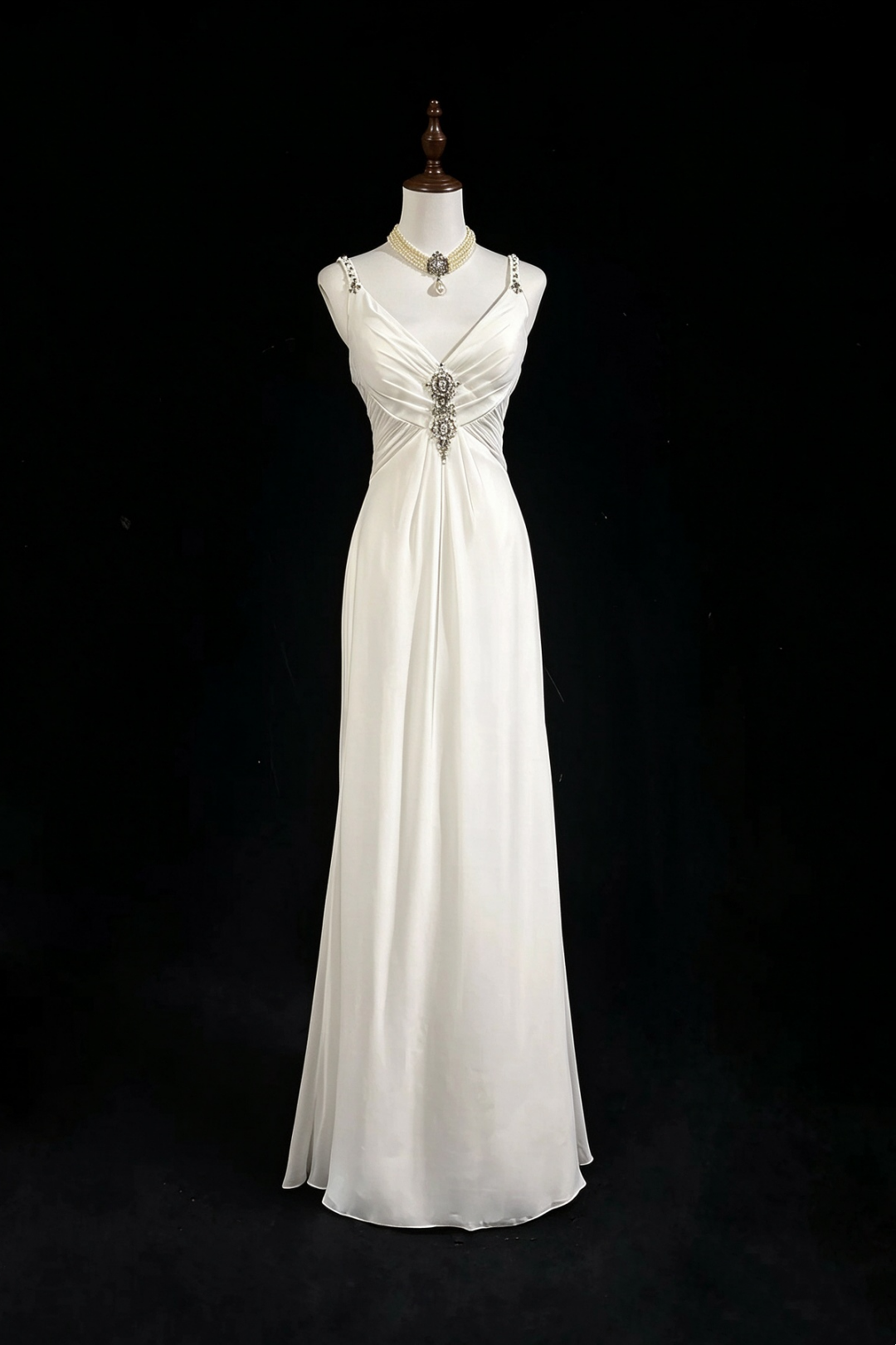 V-Neck Chiffon Wedding Gown Beaded Spaghetti Strap Cutout Back Dress F0382