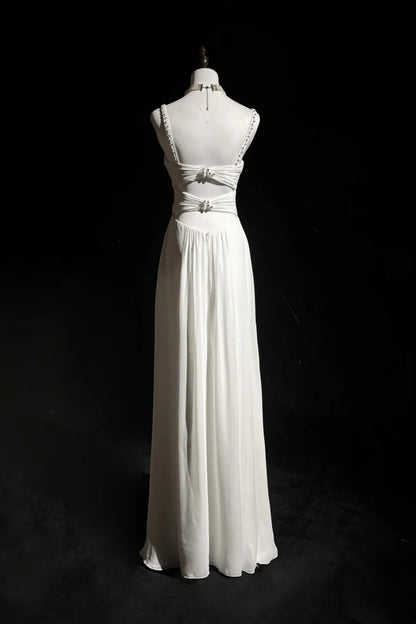 V-Neck Chiffon Wedding Gown Beaded Spaghetti Strap Cutout Back Dress F0382