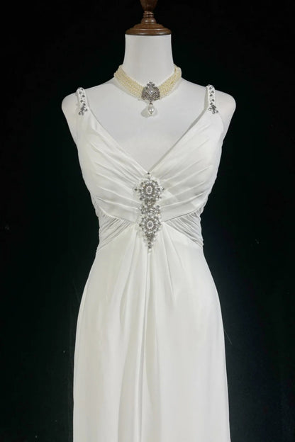 V-Neck Chiffon Wedding Gown Beaded Spaghetti Strap Cutout Back Dress F0382