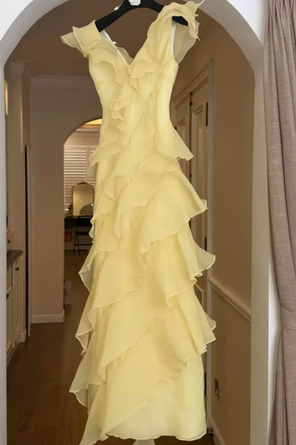 V Neck Ruffled Chiffon Bridesmaid Dress Floor Length Formal Gown F0424