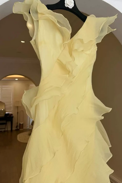 V Neck Ruffled Chiffon Bridesmaid Dress Floor Length Formal Gown F0424