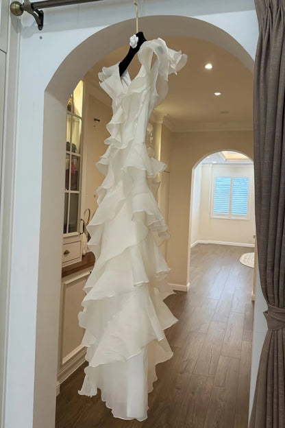 V Neck Ruffled Chiffon Bridesmaid Dress Floor Length Formal Gown F0424