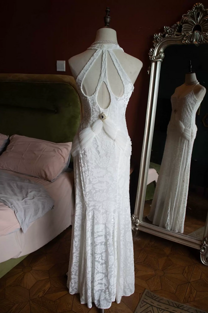 Vintage Halter V Neck Formal Dress, Burnout Velvet Mermaid Evening Dress L015