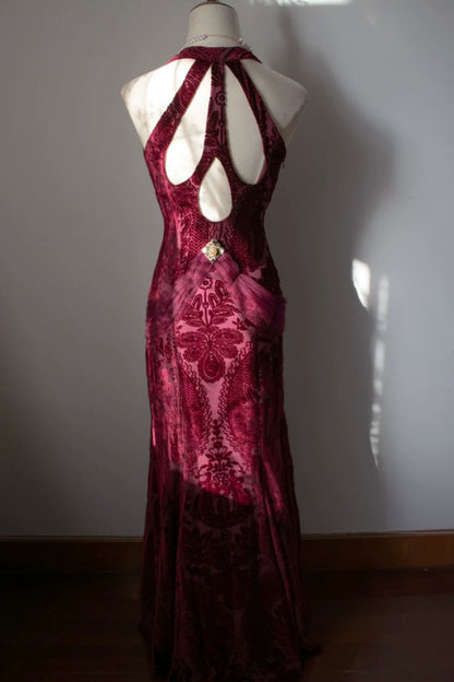 Beautiful Vintage-Style Burgundy Velvet Long Evening Gown L016