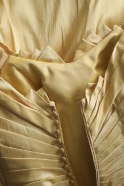 Vintage Gold Satin A-Line Gown Cap Sleeve Pleated Formal Dress F0380