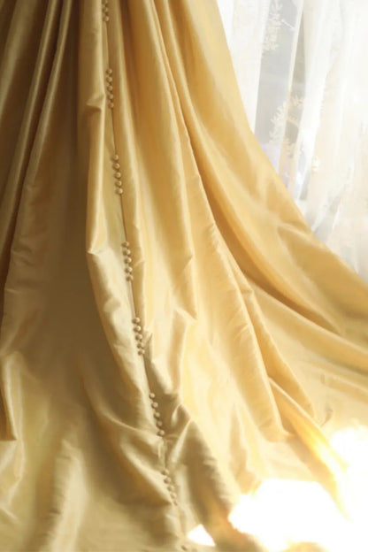 Vintage Gold Satin A-Line Gown Cap Sleeve Pleated Formal Dress F0380
