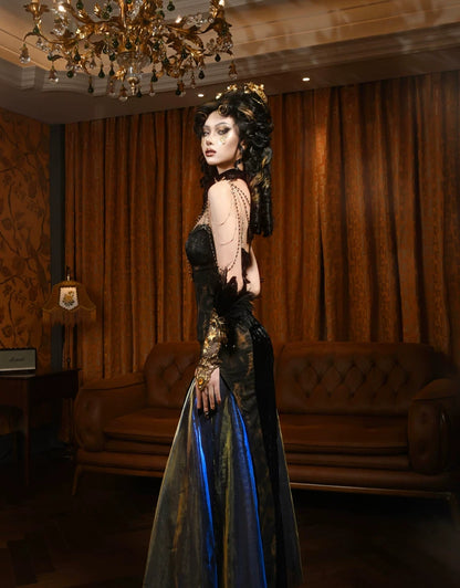 Vintage Gothic Mermaid Halloween Evening Dress F0498
