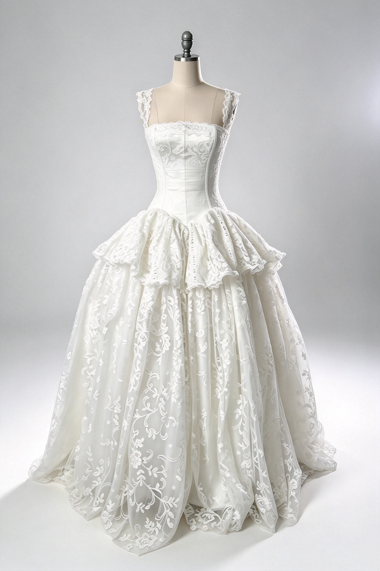 Square Neck-White Lace-Ball Gown-Wedding Dress-Sleeveless Corset-Long Dress