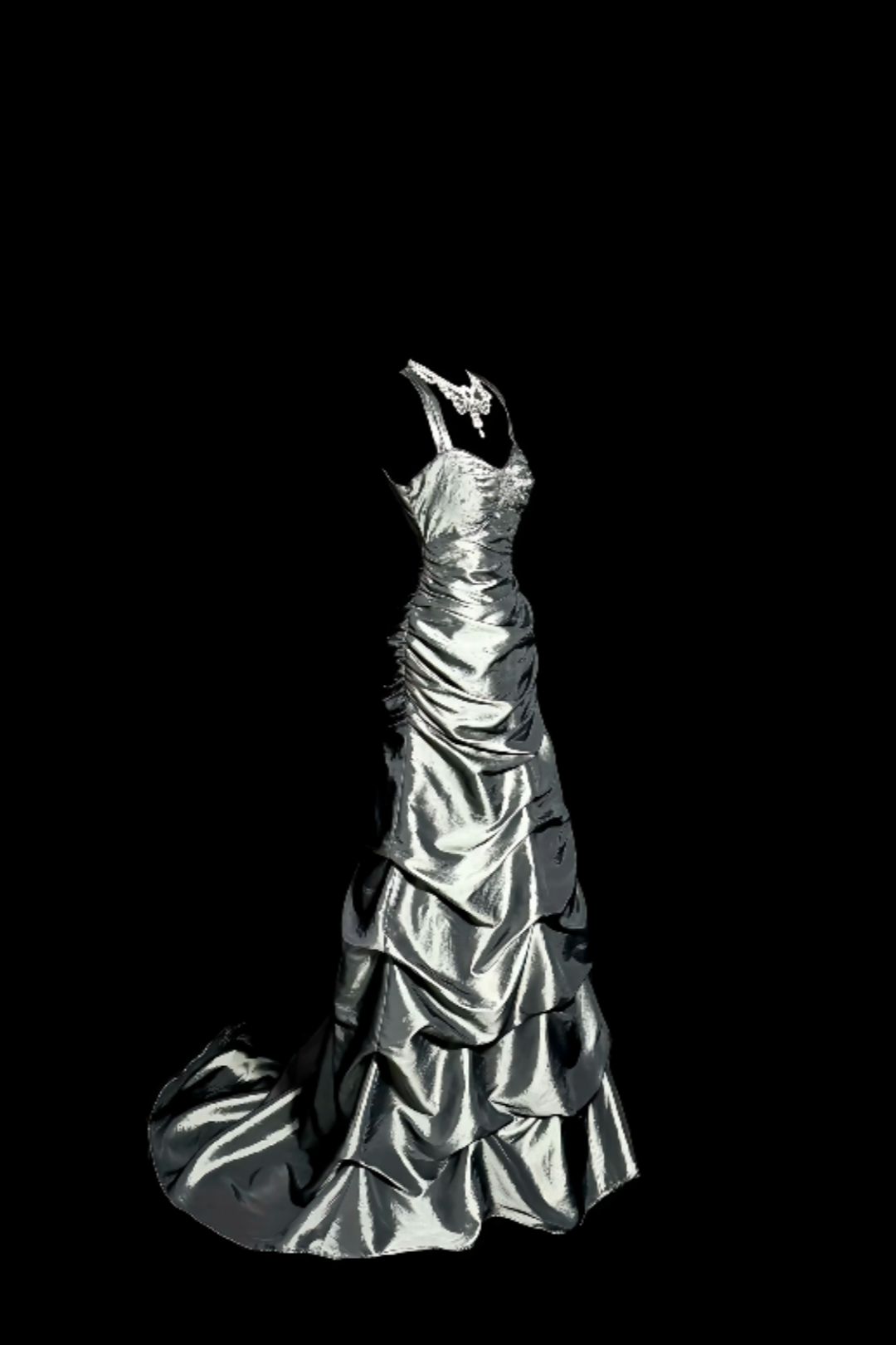 Vintage Silver Satin Prom Gown, Halter Sweetheart Neck Ruffled Mermaid Gown F0042