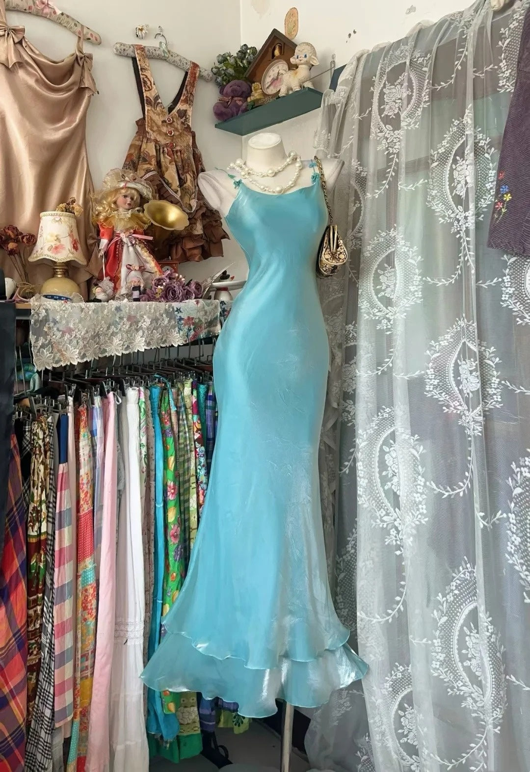 Light Cyan Satin Mermaid Evening Dress Spaghetti Strap Ruffle Hem Gown F0137