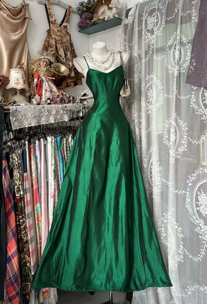 Emerald Green Satin Slip Maxi Dress Spaghetti Strap Vintage Evening Gown F0138