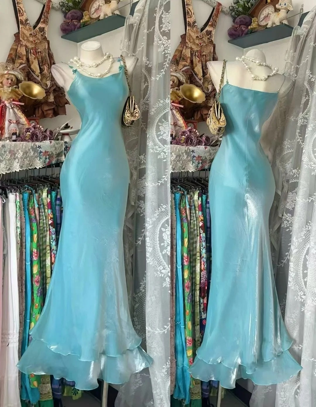 Light Cyan Satin Mermaid Evening Dress Spaghetti Strap Ruffle Hem Gown F0137
