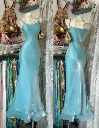 Light Cyan Satin Mermaid Evening Dress Spaghetti Strap Ruffle Hem Gown F0137