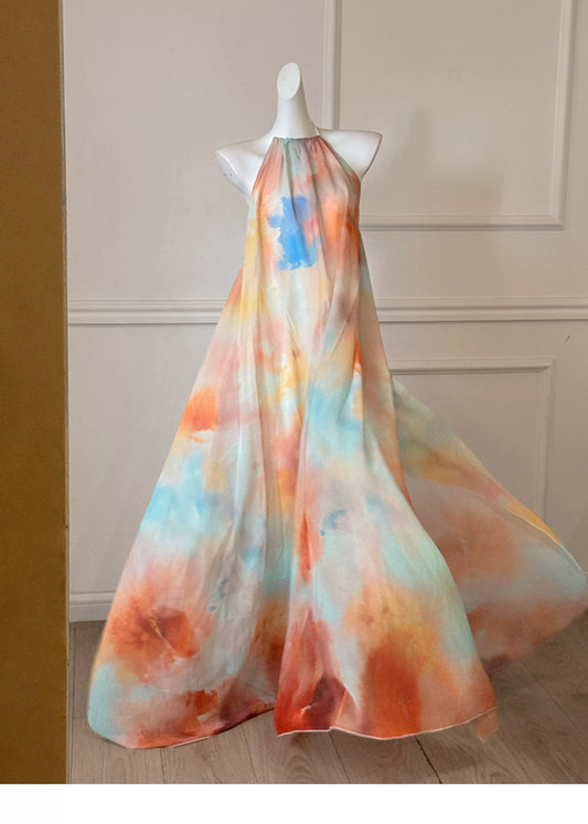 Watercolor Halter Open Back Flowy Maxi Formal Dress F0469