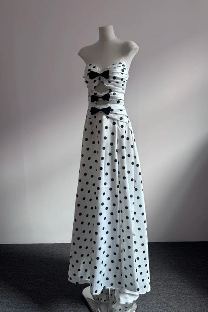 White Black Polka Dot Strapless Cutout Evening Dress With Bows F0527