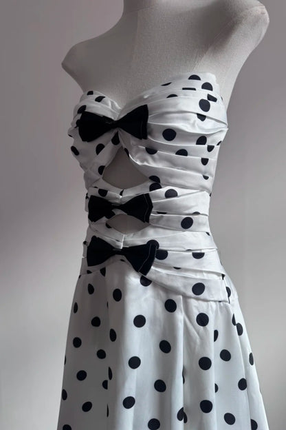 White Black Polka Dot Strapless Cutout Evening Dress With Bows F0527