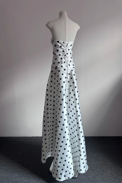 White Black Polka Dot Strapless Cutout Evening Dress With Bows F0527