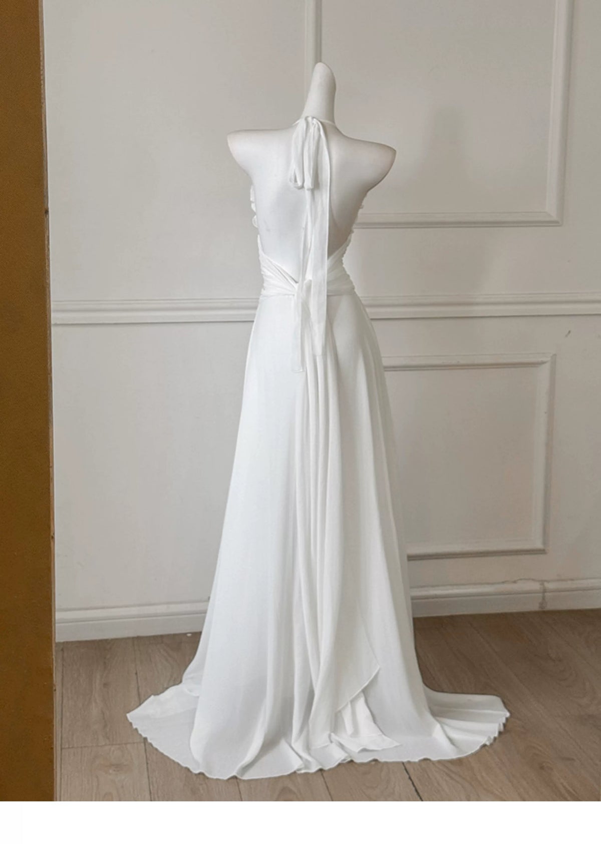 White Halter 3D Flower Chiffon Long Evening Dress F0474