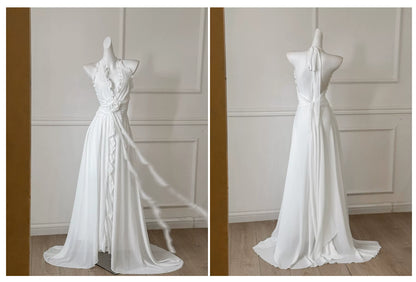 White Halter 3D Flower Chiffon Long Evening Dress F0474