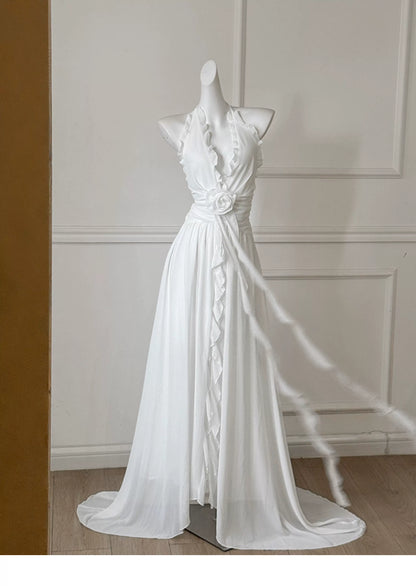 White Halter 3D Flower Chiffon Long Evening Dress F0474
