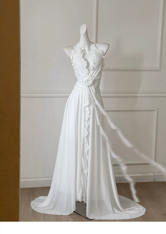White Halter 3D Flower Chiffon Long Evening Dress F0474
