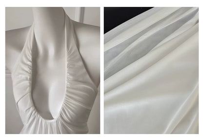 White Halter Deep V Backless Maxi Dress, Formal Evening Dress F0484