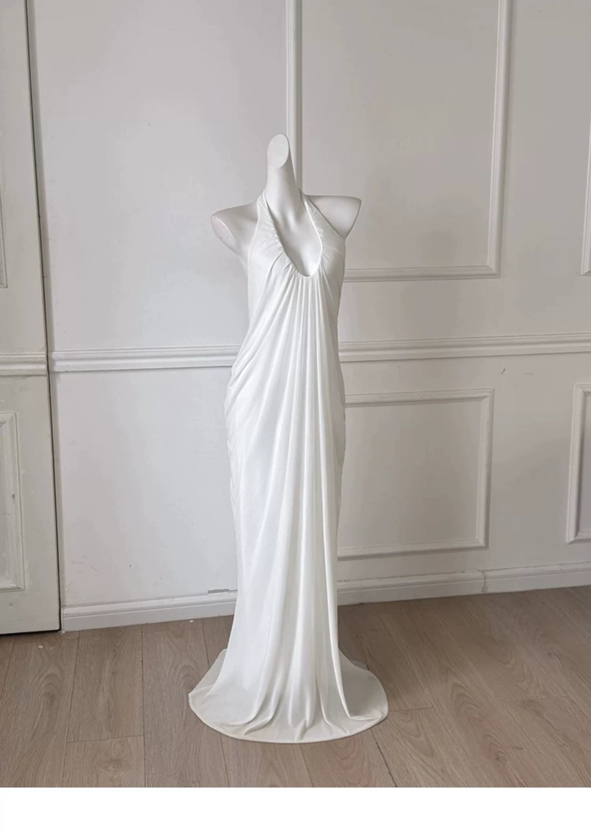 White Halter Deep V Backless Maxi Dress, Formal Evening Dress F0484